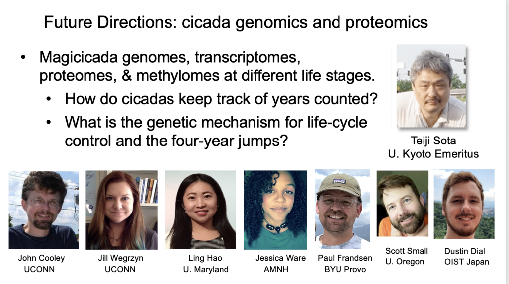 Future directions for studies of cicada genomes. Showing photos of collabarators and a list of future directions.